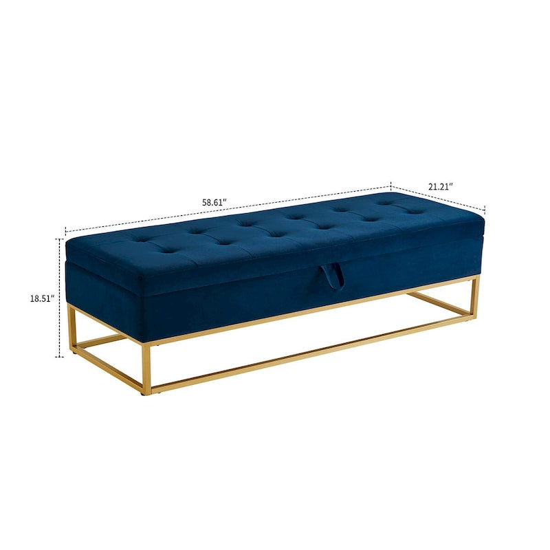 Banc de rangement en velours touffeté avec assise relevable et base en métal