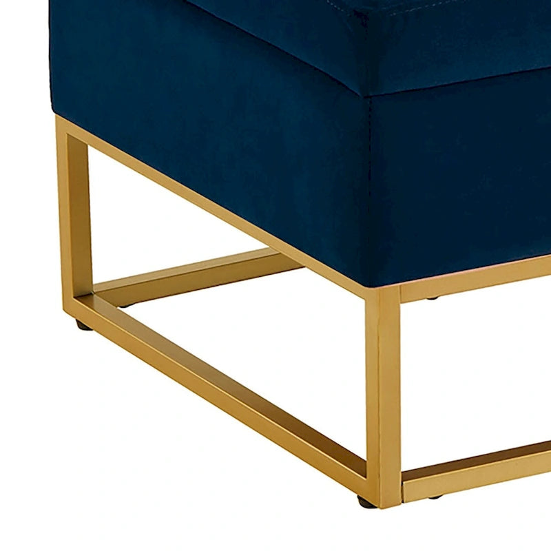 Banc de rangement en velours touffeté avec assise relevable et base en métal