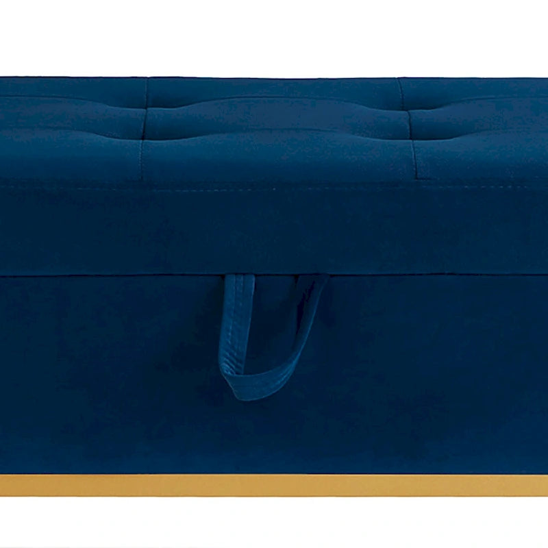 Banc de rangement en velours touffeté avec assise relevable et base en métal