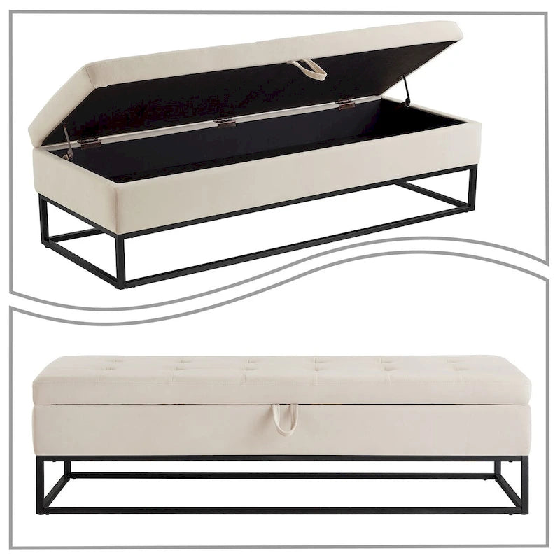Banc de rangement en velours touffeté avec assise relevable et base en métal