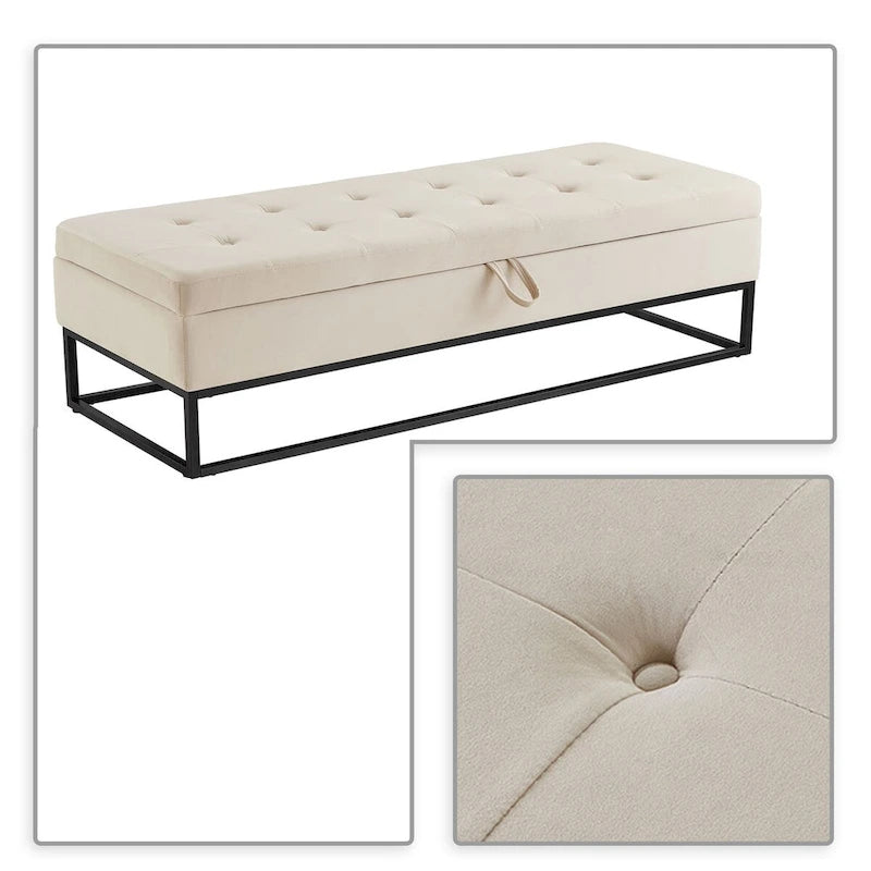 Banc de rangement en velours touffeté avec assise relevable et base en métal