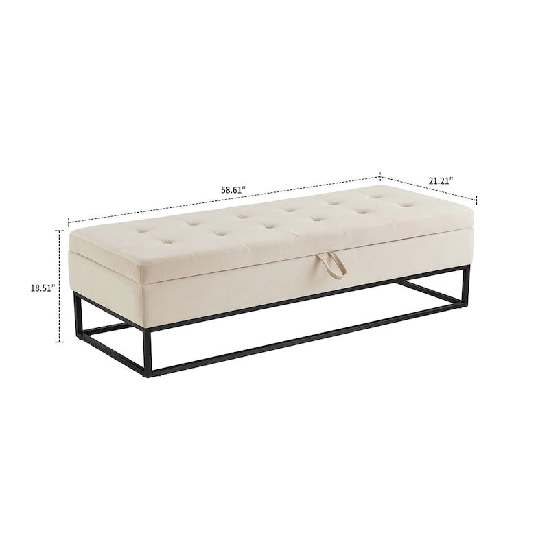 Banc de rangement en velours touffeté avec assise relevable et base en métal