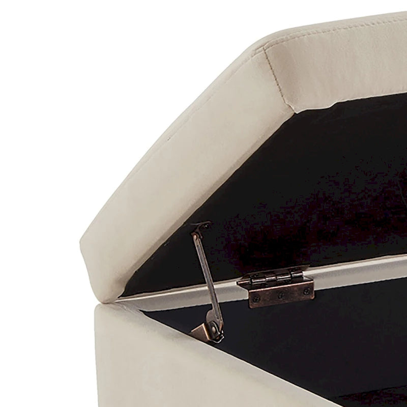 Banc de rangement en velours touffeté avec assise relevable et base en métal