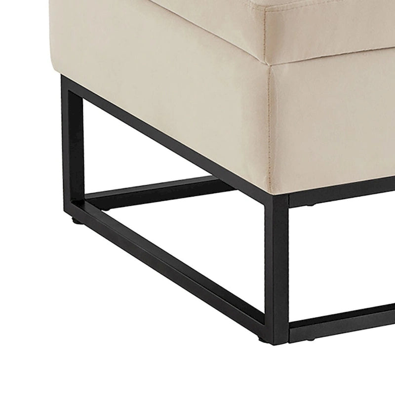 Banc de rangement en velours touffeté avec assise relevable et base en métal