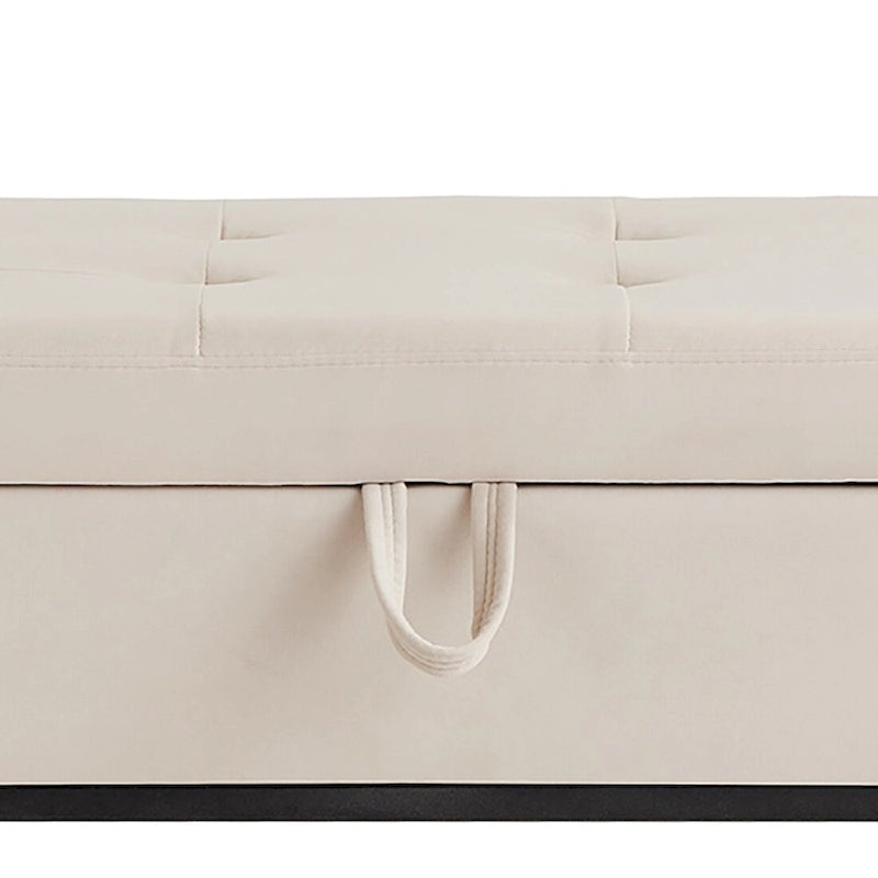 Banc de rangement en velours touffeté avec assise relevable et base en métal