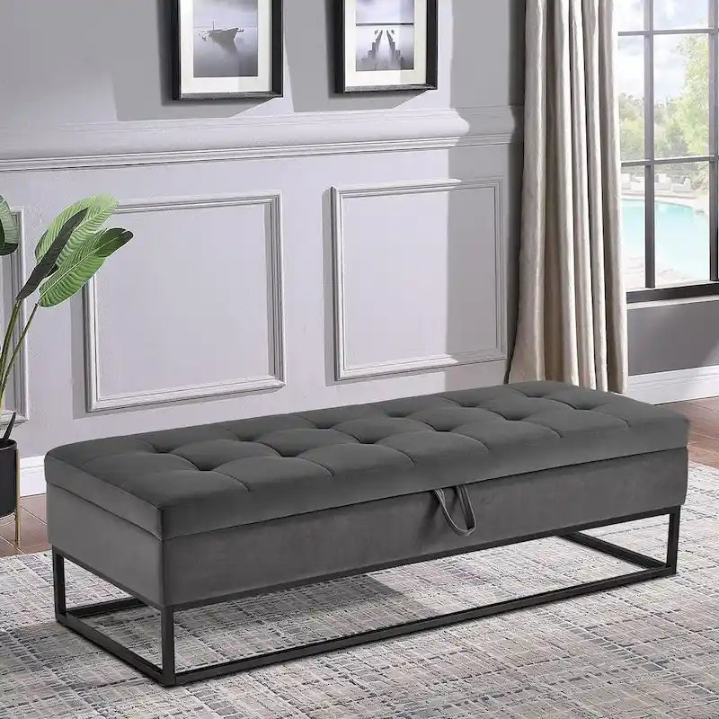 Banc de rangement en velours touffeté avec assise relevable et base en métal