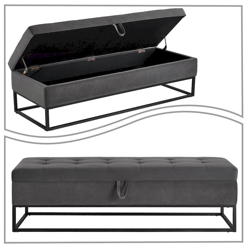 Banc de rangement en velours touffeté avec assise relevable et base en métal