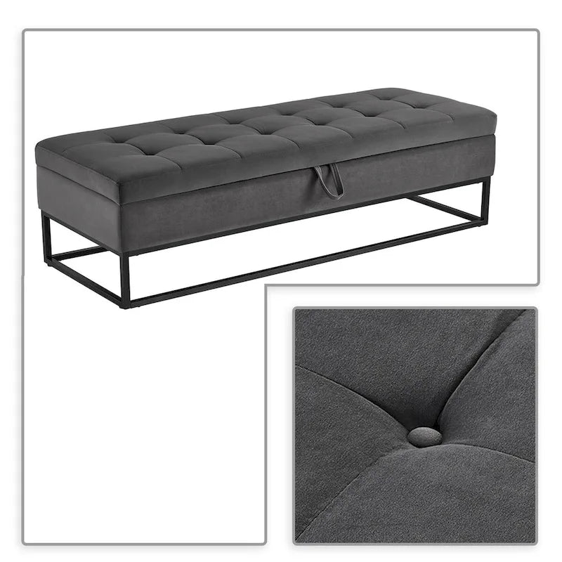 Banc de rangement en velours touffeté avec assise relevable et base en métal