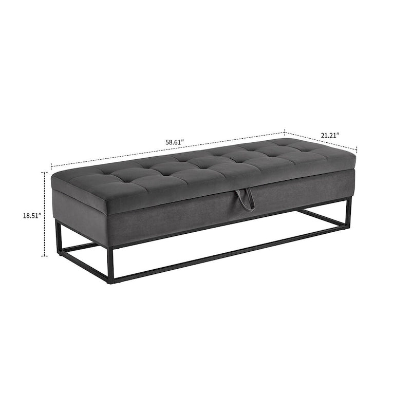 Banc de rangement en velours touffeté avec assise relevable et base en métal