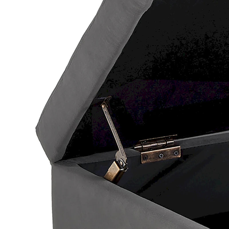 Banc de rangement en velours touffeté avec assise relevable et base en métal