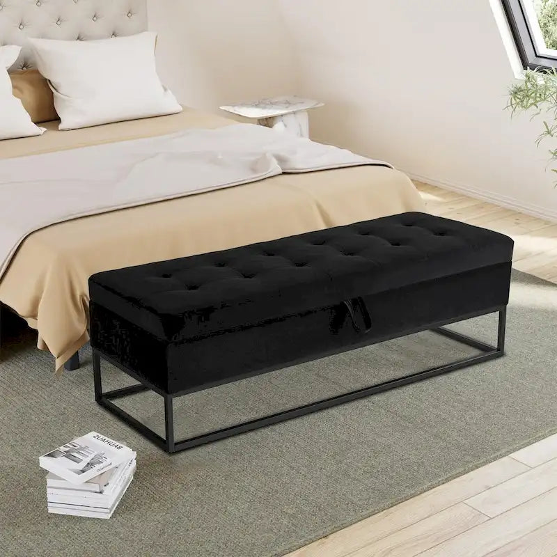 Banc de rangement en velours touffeté avec assise relevable et base en métal