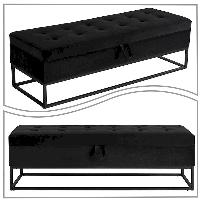 Banc de rangement en velours touffeté avec assise relevable et base en métal