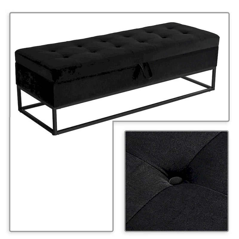 Banc de rangement en velours touffeté avec assise relevable et base en métal