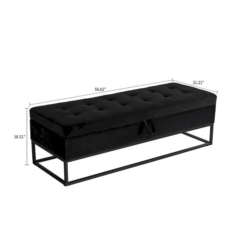 Banc de rangement en velours touffeté avec assise relevable et base en métal