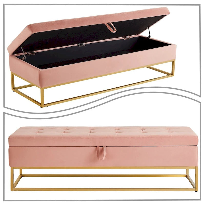 Banc de rangement en velours touffeté avec assise relevable et base en métal