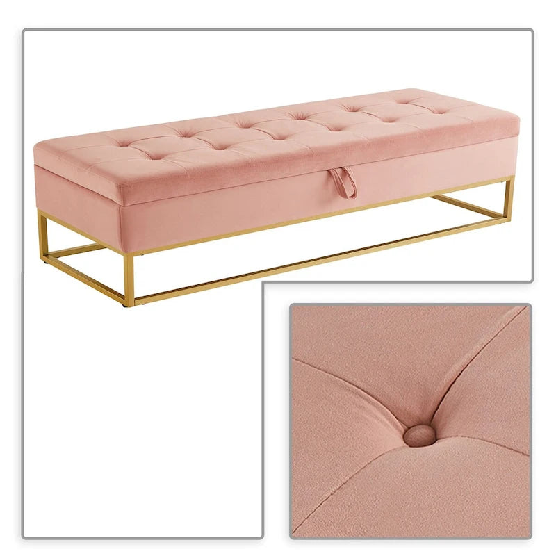 Banc de rangement en velours touffeté avec assise relevable et base en métal