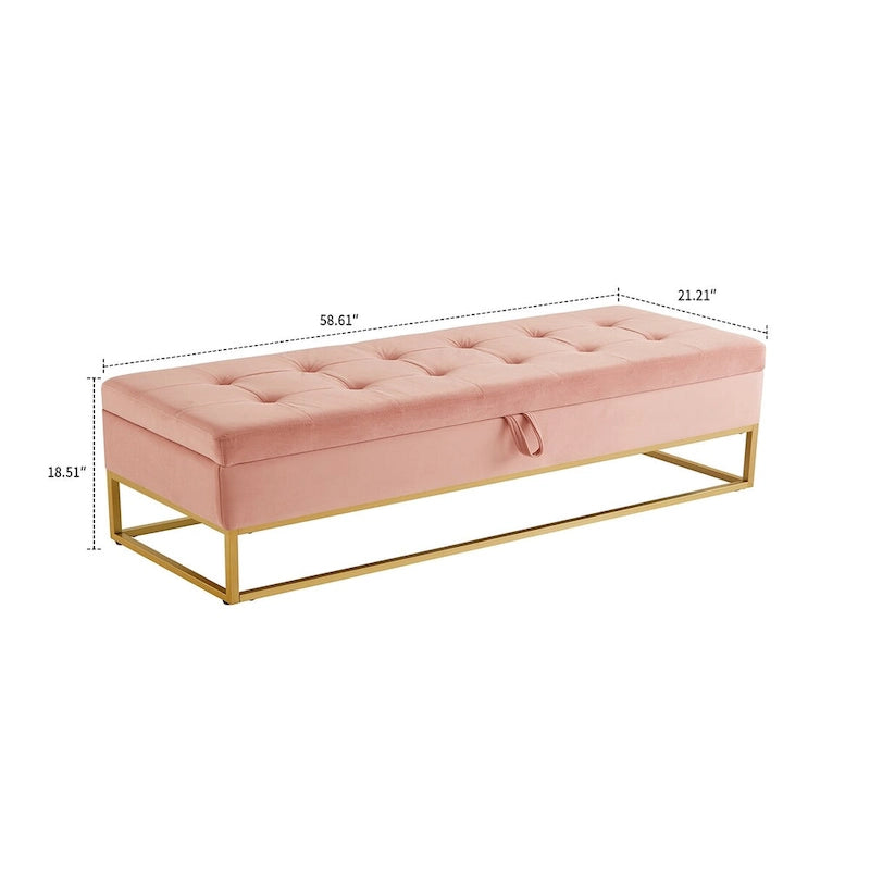 Banc de rangement en velours touffeté avec assise relevable et base en métal