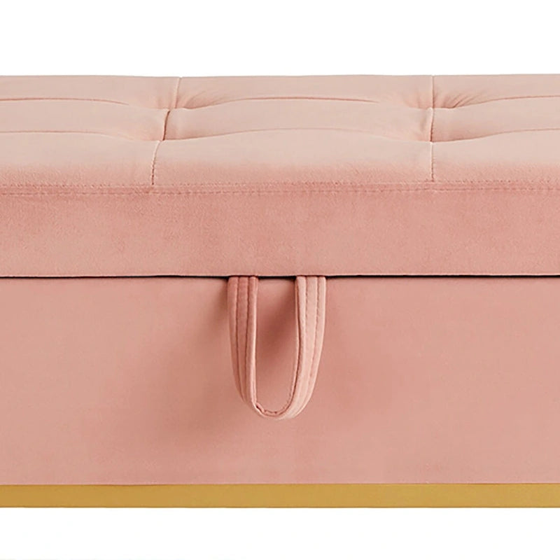 Banc de rangement en velours touffeté avec assise relevable et base en métal
