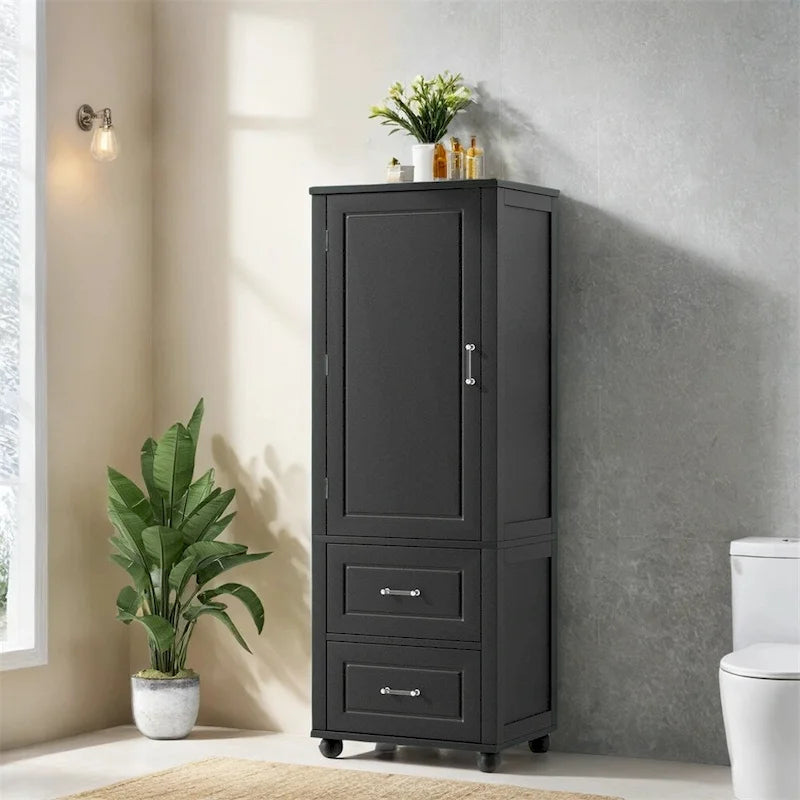 Meuble de Rangement Haut Autonome pour Salle de Bain avec Tiroirs et Étagères Réglables, Gris et Noir