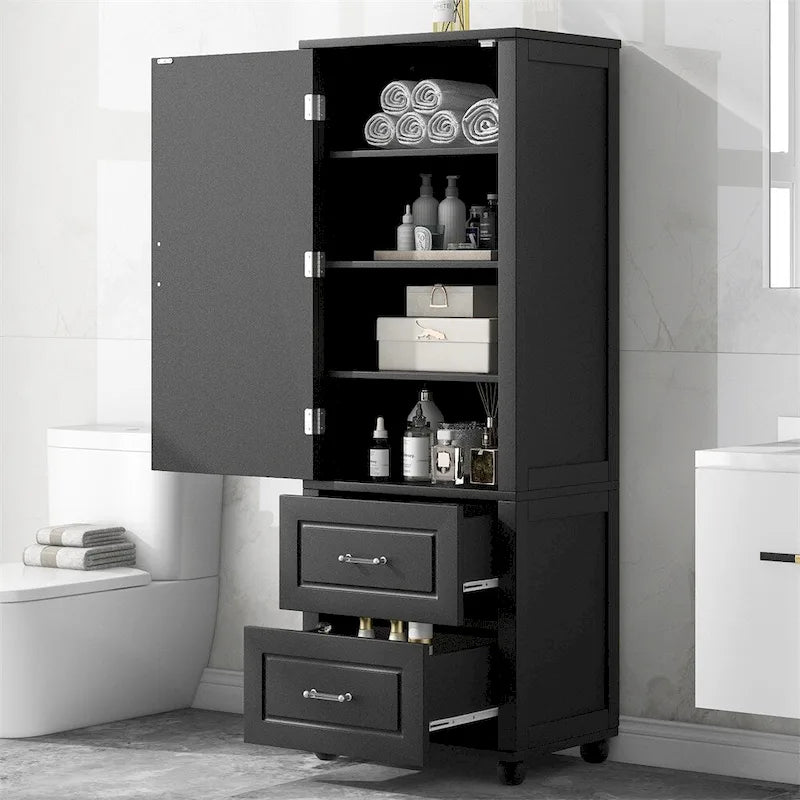 Meuble de Rangement Haut Autonome pour Salle de Bain avec Tiroirs et Étagères Réglables, Gris et Noir