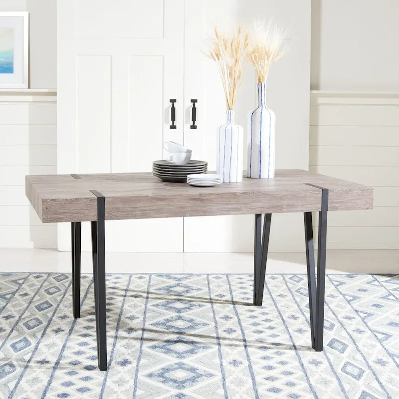 Table à manger avec plateau en bois rustique du milieu du siècle, pieds en épingle en fer noir, chêne gris