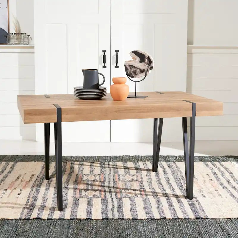 Table à manger avec plateau en bois rustique du milieu du siècle, pieds en épingle en fer noir, chêne gris