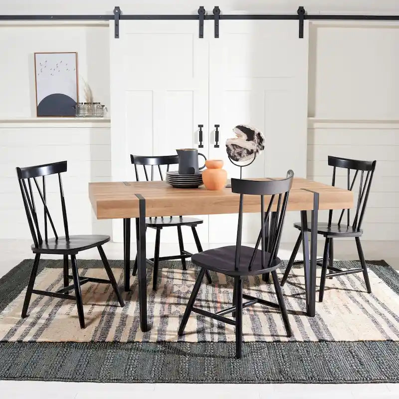 Table à manger avec plateau en bois rustique du milieu du siècle, pieds en épingle en fer noir, chêne gris